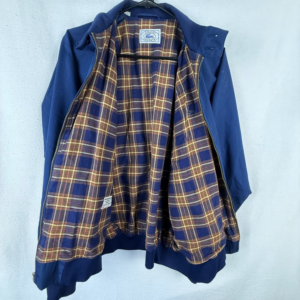 Izod Lacoste Jacket Mens L Navy Blue Harrington Plaid Lined Vintage Bomber Zip - Picture 7 of 9